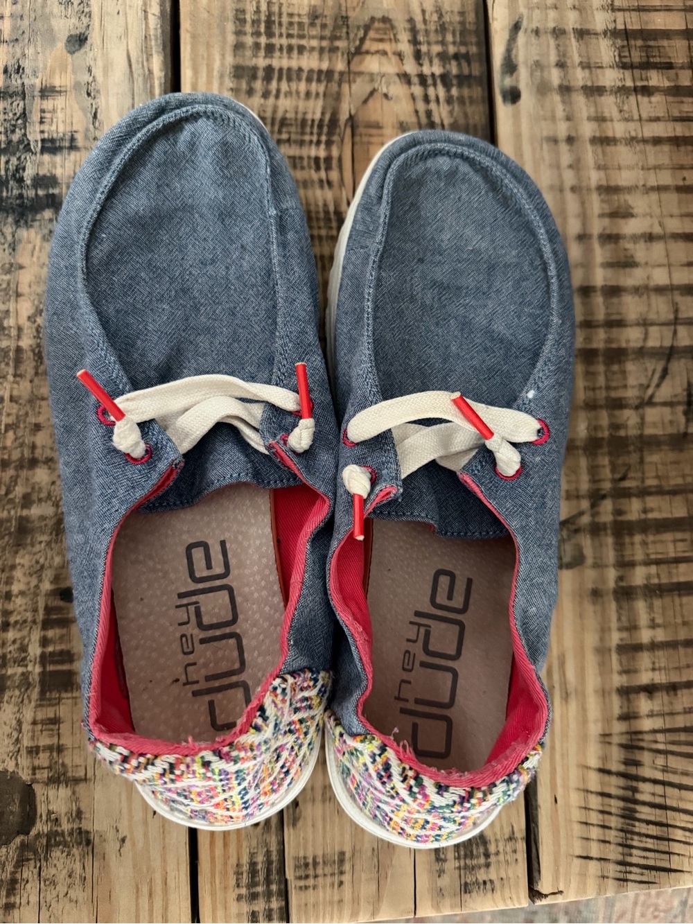 Hey Dude Women Blue Chambray Slip-On Sneakers with Pink & Multicolor Heel